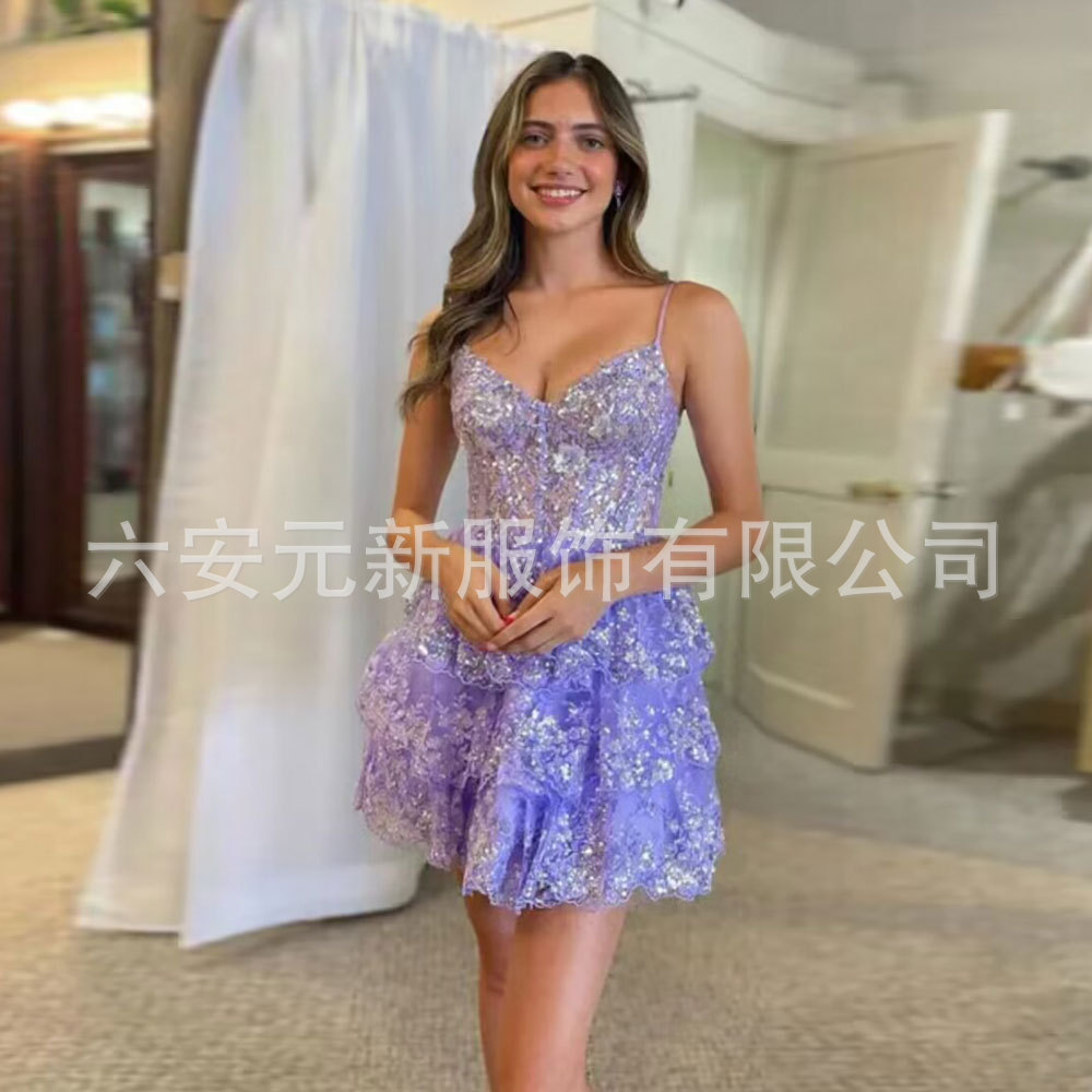 Europa y América del Comercio Exterior Amazon AliExpress estación independiente deseo lentejuelas de encaje apliques pequeña falda banquete vestido la liga