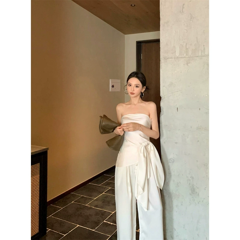 Женская одежда 2025 года, модный ретро-элегантный дизайн, сексуальный топ-труба и брюки, женский костюм