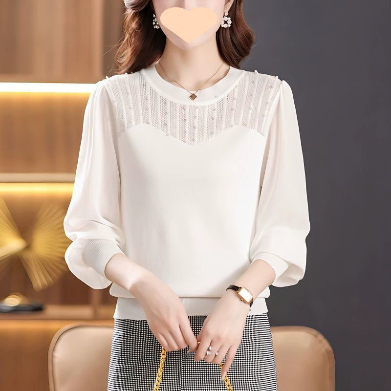 Кружевная шифоновая рубашка в корейском стиле с длинными рукавами и вырезами, вязаный топ из бисера, женская нишевая дизайнерская рубашка, закрывающая живот, модная
