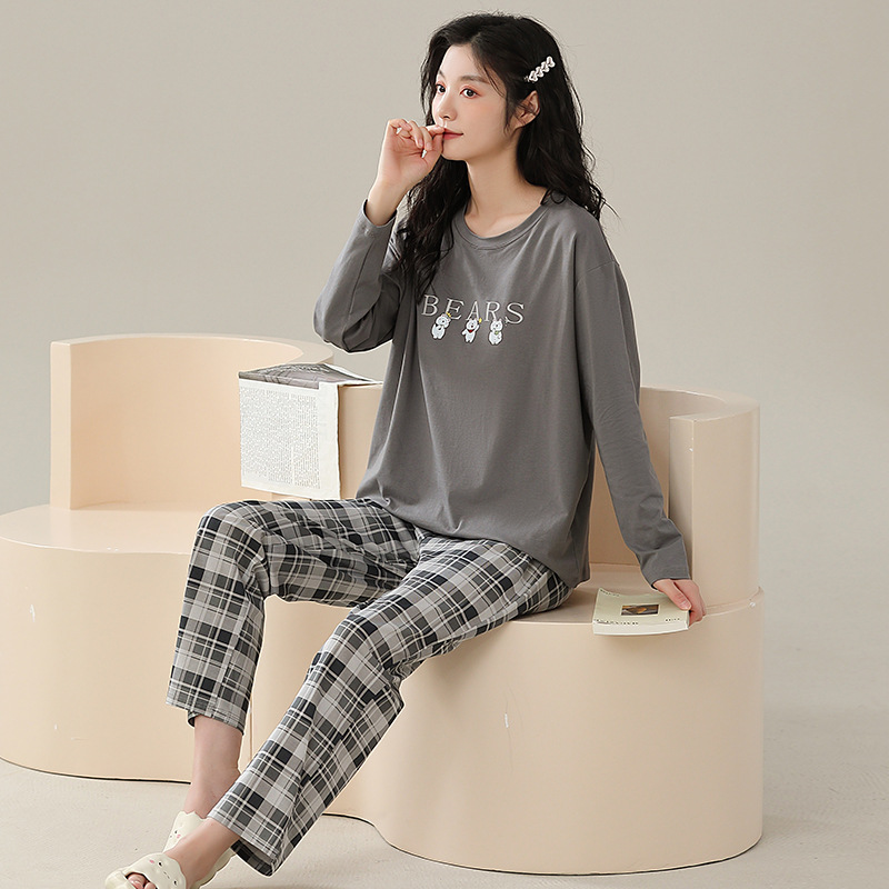 봄과 가을 간단한 홈 의류 세트 여성용 편안한 느슨한 회색 풀오버 크루 넥 긴팔 체크 무늬 바지 투피스 세트