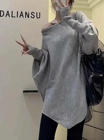 慵懒风V领针织衫毛衣外套2025春秋新款不规则设计感蝙蝠袖女上衣|undefined
