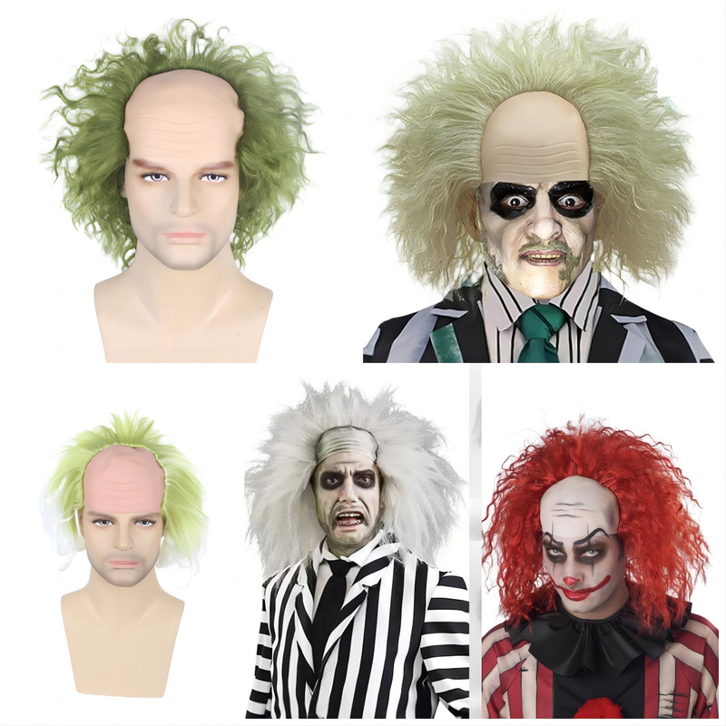 Yin Yang Master Beetle Green Clown Balding Leather Anime Wig COS Festival Play Full Head Cover