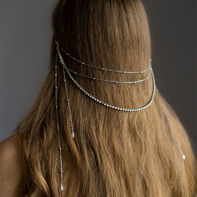Europa y los Estados Unidos venden calientes multicapa cadena de peluquería temperamento novia diamante tocado accesorios de espectáculo de escenario mujer cadena de pelo