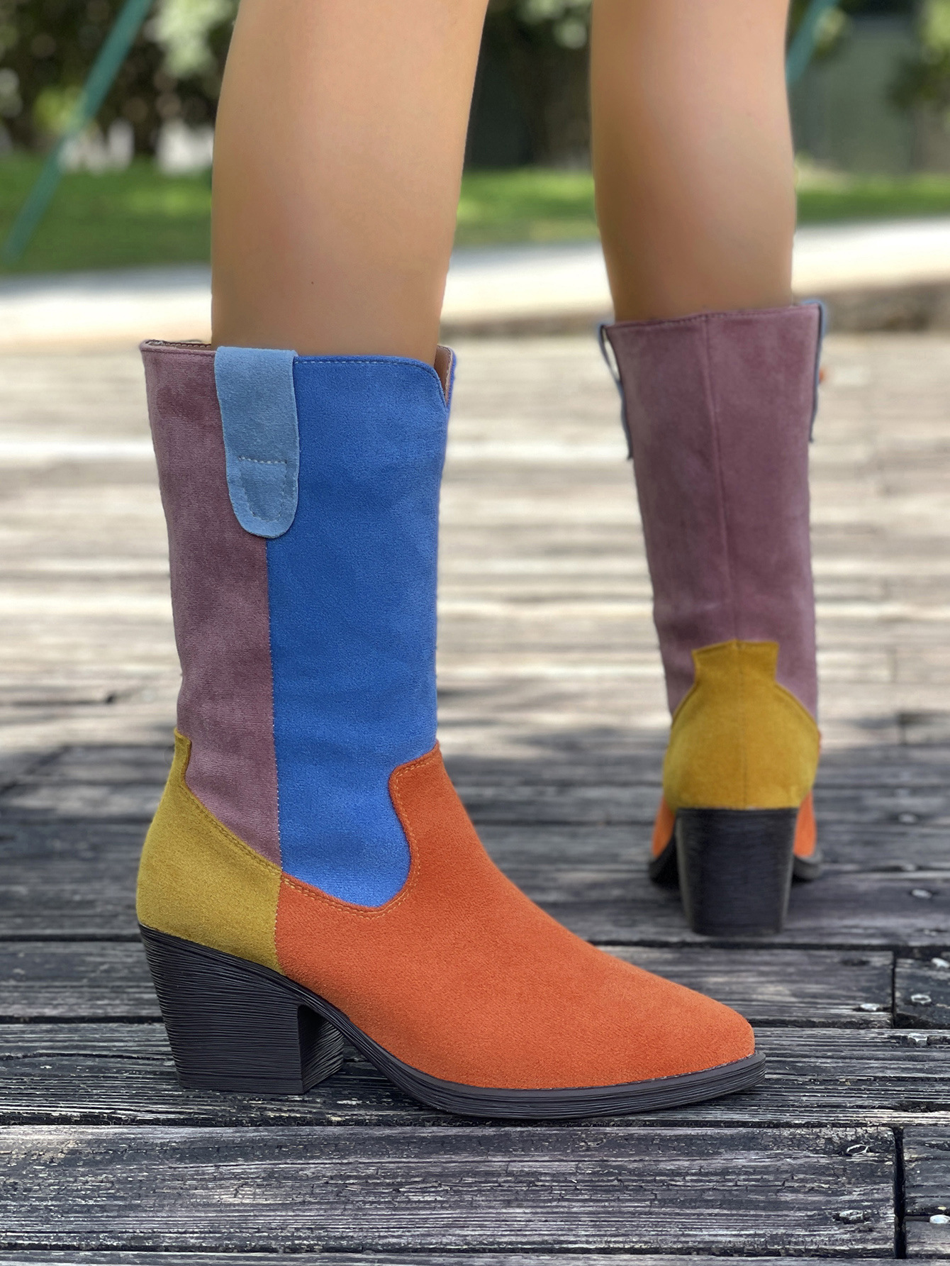 Women's Cowboy Boots Colour Blocked Pointed Toe Mid Heel Western_voghion.com