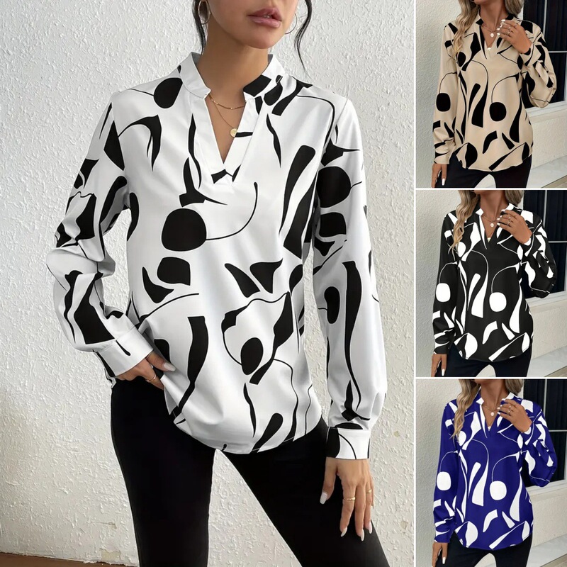 Amazon Independent Site's Hot-Selling Foreign Trade Product 2025 Women's Spring and Summer Geometric Print V-Neck Long-Sleeve Casual Shirt