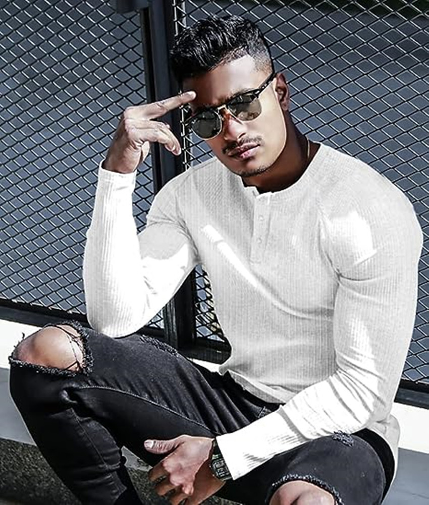 European Men's Sports Tees Slim Muscle Short Sleeve T-Shirt Fitness Elastic Thread Tight Solid Color Henry Shirt_voghion.com