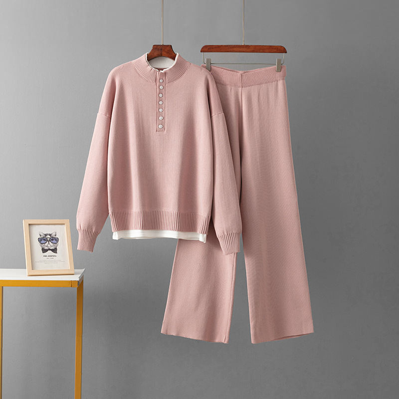 Damen Strick Zweiteiler Set Mit Lockerem Pullover Und Weiter Hose_voghion.com
