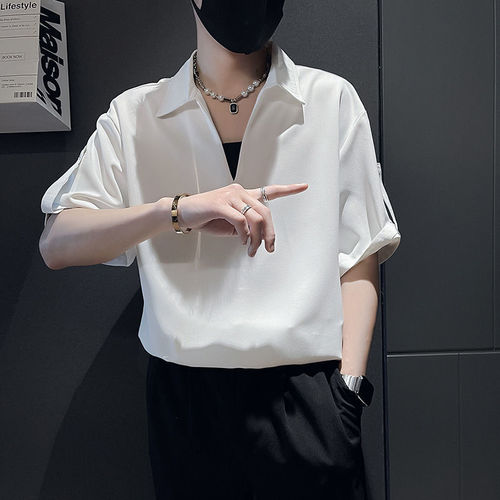 Hoodlum cool handsome ice silk thin V-neck T-shirt for men, summer new items, Instagram trendy breathable short-sleeved men's clothing, casual top