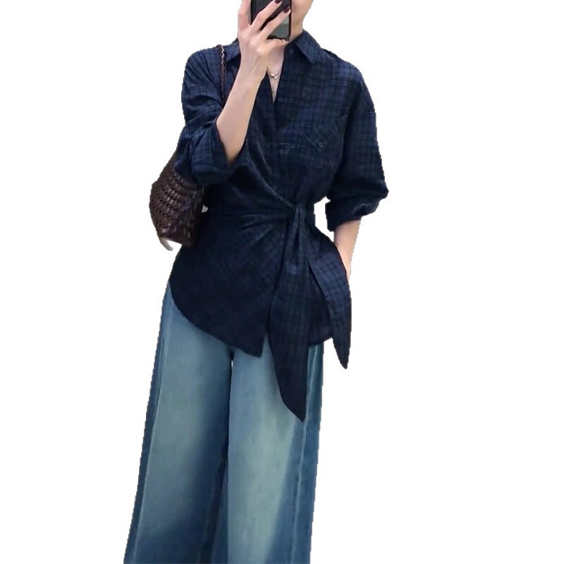 蓝色格纹收腰衬衫女高级感轻奢减龄洋气又a又飒冷淡系设计感上衣|undefined