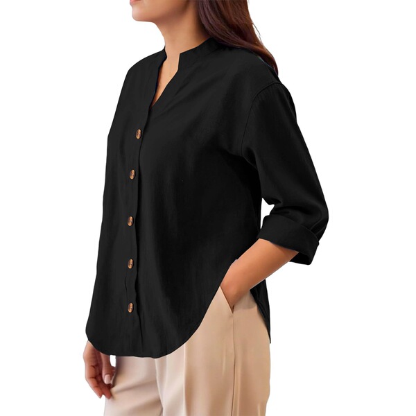 Cross-Border New Chinese-Style Stand Collar Henley Shirt for Women, Loose Cotton-Linen Cardigan, Long-Sleeve Versatile Casual Shirt for Commuting