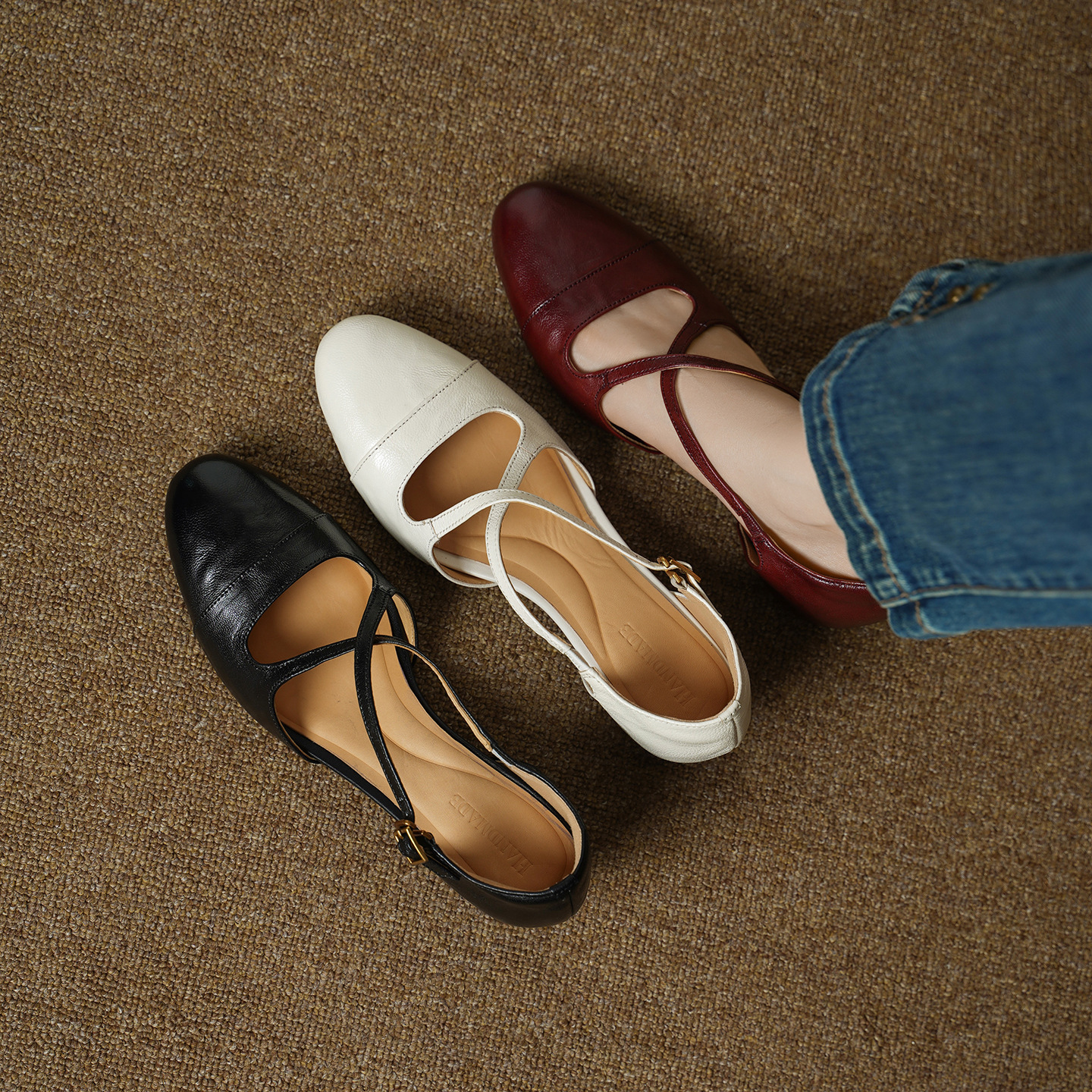 Giày sandal cao gót nữ quai ngang mũi nhọn da dê, gót vuông ổn định — đen