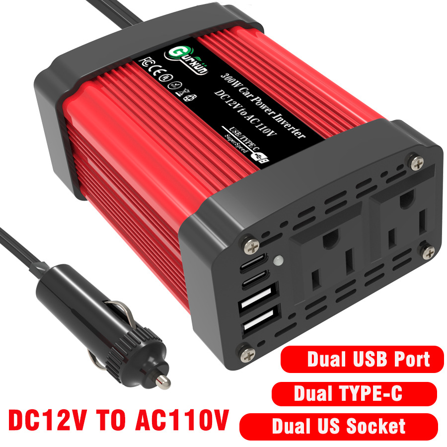 源头厂家跨境美规300W直流12V转交流110V车载逆变器带4个充电接口