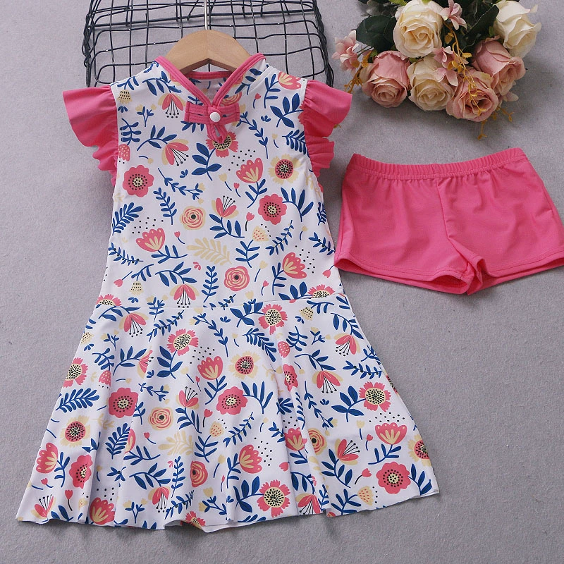 2025 летняя девушка розовые белые рукава лотоса цветочные купальники свежий многоцветный принт Детский пляжный купальник