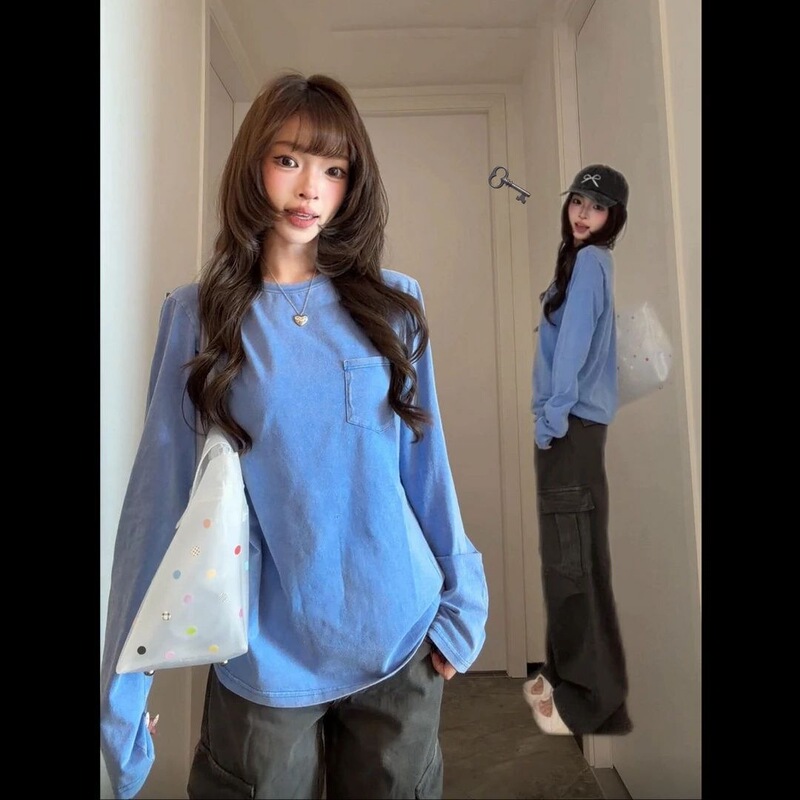 2026 Autumn Korean Retro Design Pocket Long Sleeve T-Shirt for Women, Slimming, Casual, Versatile, Relaxed Fit Top 2026 Autumn Korean Retro Design Pocket Long Sleeve T-Shirt for Women, Slimming, Casual, Versatile, Relaxed Fit Top