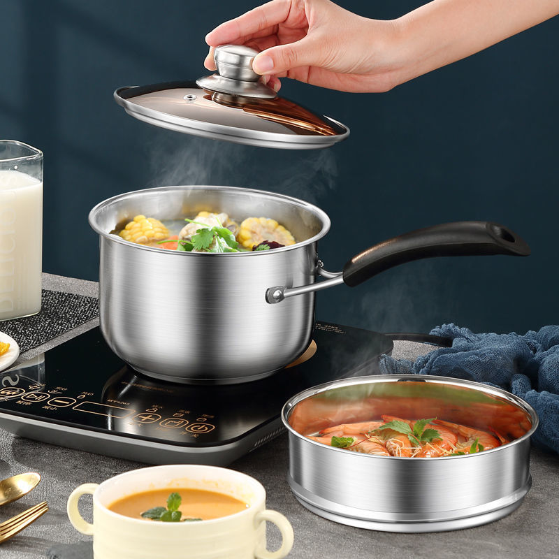 Stainless steel thick bottom double-layered household soup pot with handles for cooking soup, porridge, noodles, single handle milk pot, baby food pot, gift