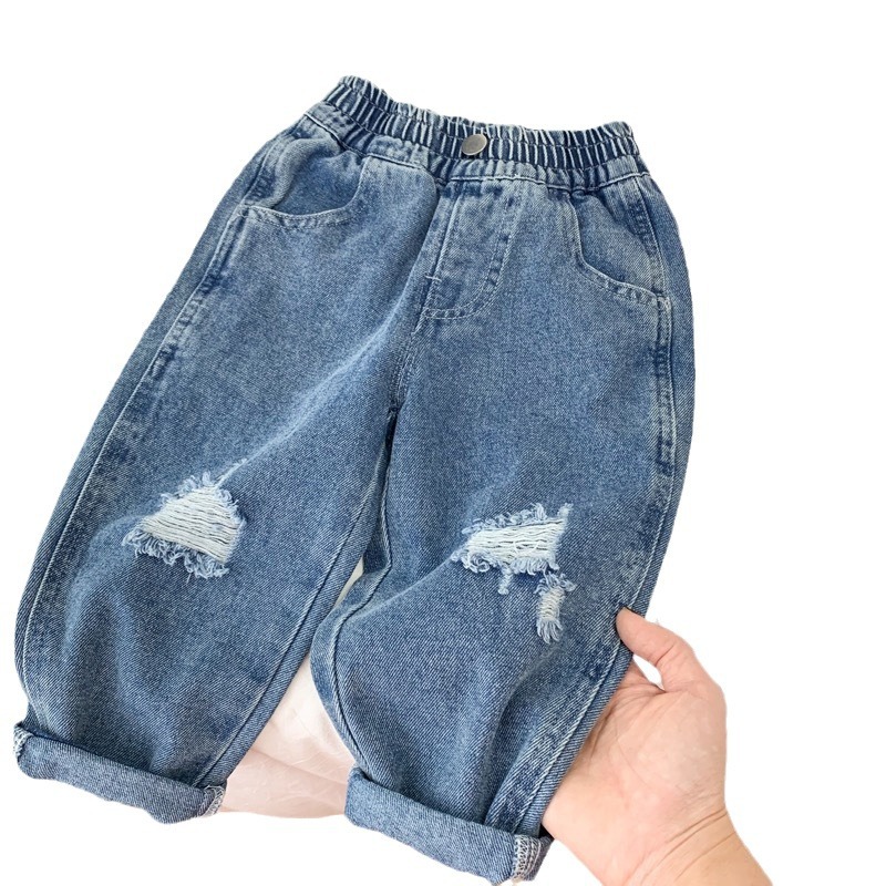 Ropa de primavera para niños, jeans agujeros para niños, pantalones de estilo suelto para niños, pantalones de estilo coreano