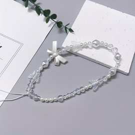 ins手机挂绳短款创意蝴蝶结白色ccd珍珠挂链配件包包装饰