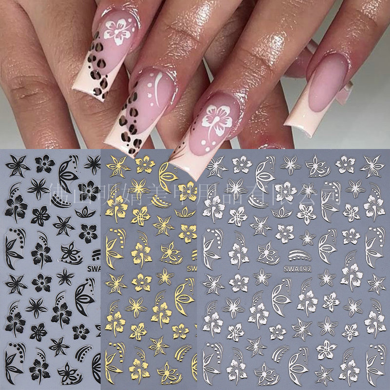 Cross-Border Spring Hot Sale Gold and Silver Hibiscus Flower Nail Art Stickers Self-Adhesive Nail Stickers Direct from Manufacturer Gold and Silver Colors