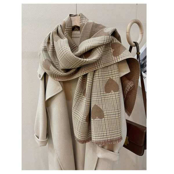 2026 Autumn/Winter New Faux Cashmere Scarf for Women, Thick Long Plaid Heart Pattern Warm Neck Warmer Versatile Shawl Wholesale