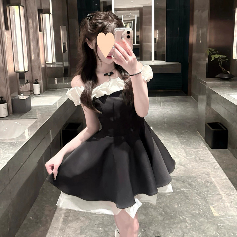 One-Shoulder Dress for Women, Miu Style Outfit, Color-Blocking Birthday Dress, Small Formal Dress, Waist-Cinching Puffy Princess Dress