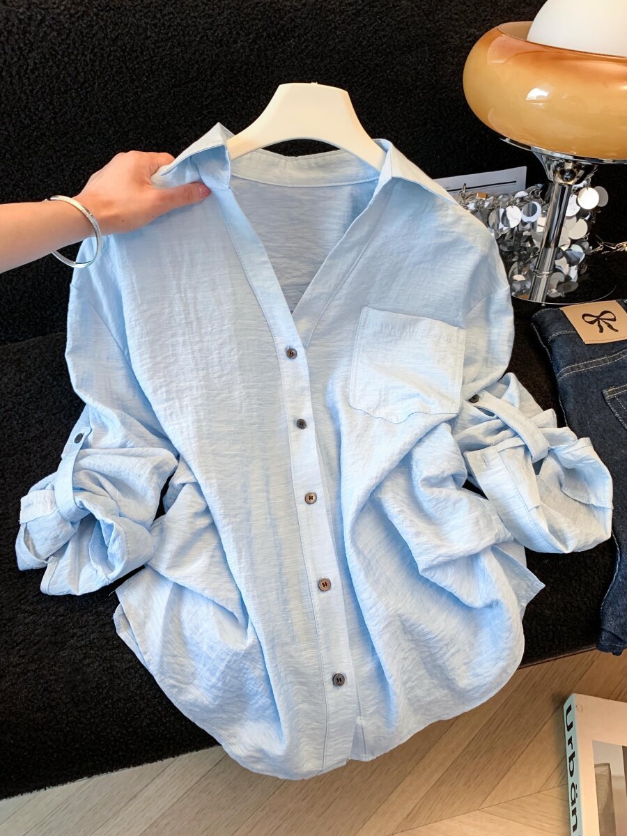 Áo sơ mi chống nắng nữ dài tay dáng rộng chất liệu linen thoáng mát — xanh lam chi tiết 17