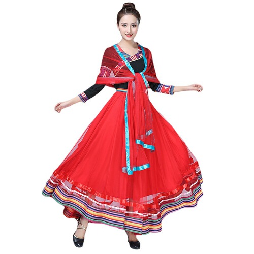 Square dance new ethnic set Tibetan dance costume solid color large skirt spring and summer middle-aged and elderly dancing performance