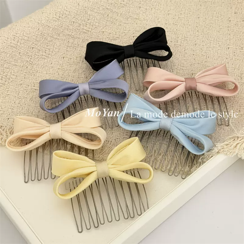 韩版彩色缎面蝴蝶结倒插梳发夹甜美气质刘海夹侧边后脑勺发卡插梳