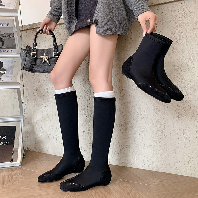Korean Slim-Fit Elastic Long Boots for Women, Slim Boots, Flat Sock Boots, Stylish Knee-High Boots, Chelsea Short Boots