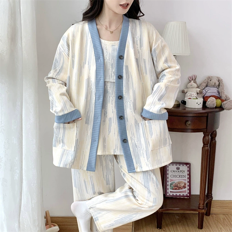 Весенне-осенний комплект для беременных больших размеров (до 136 кг), 4-9 месяцев после родов, для кормящих мам, из трех предметов, летняя пижама для кормящих мам, удлиненный крой