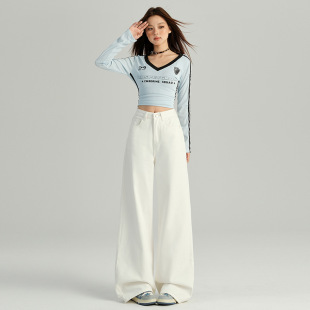 White Wide-Leg Loose Jeans for Women, New Spring and Autumn Style, Pear-Shaped Figure, High-Waisted, Hip-Covering, Non-See-Through, Slimming Straight-Leg Pants