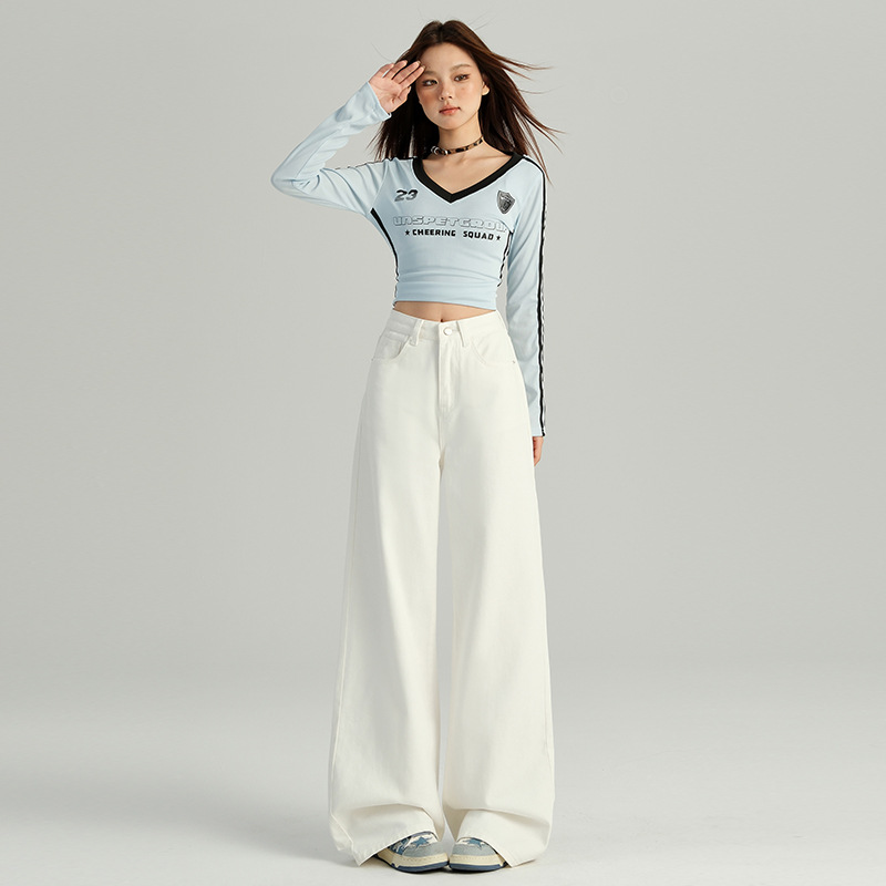 Jean blanc taille haute à jambes larges et amples pour femme, couvrant les hanches et amincissant, coupe droite, opaque, style printemps-automne_voghion.com