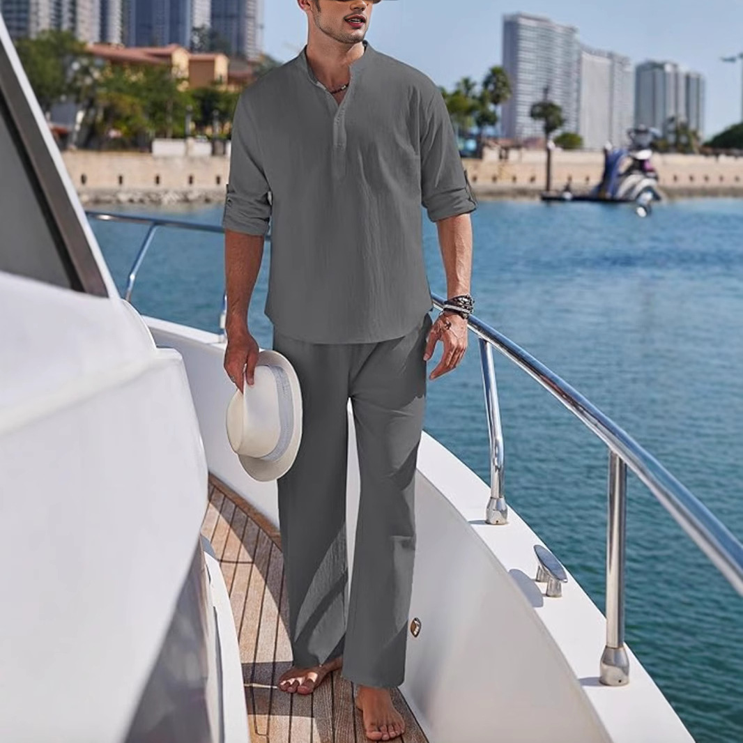 2025 primavera y otoño nuevos productos de comercio exterior Amazon hombre de color sólido camiseta casual de mangas largas camiseta pantalones largos