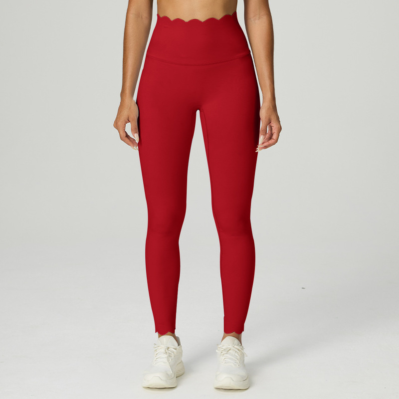 Cross-Border Wave Lace Belt Nude Sports Fitness Pants Peach Butt Yoga Wear Women's High Waist Tight Yoga Pants