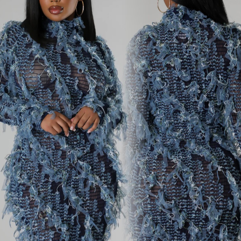 HX0381 Amazon new hot sale long sleeve mesh see-through sleeve length turtleneck tight dress