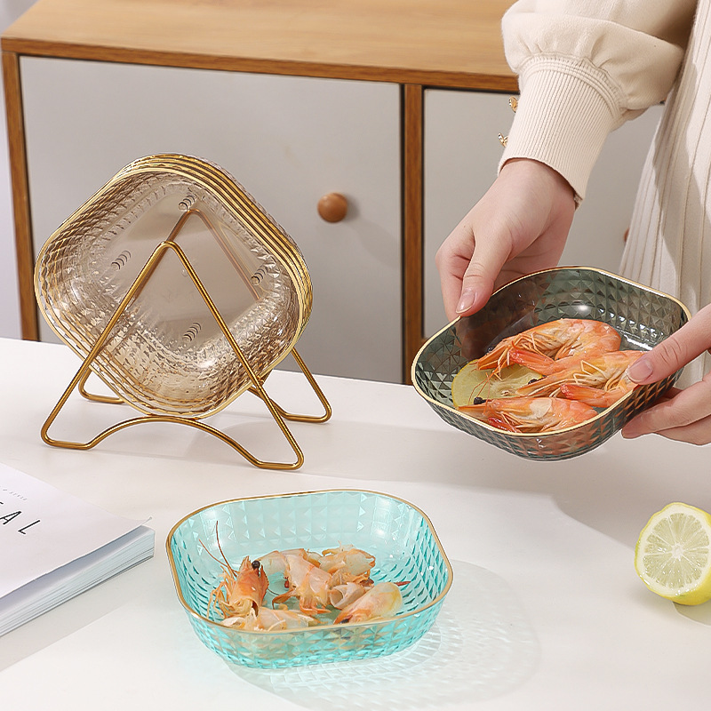 Light Luxury Fruit Plate, Bone Plate, Home Dining Table Bone Plate, Snack Plastic Fruit Plate, Kidsren's Square Gold-Rimmed Plate Set