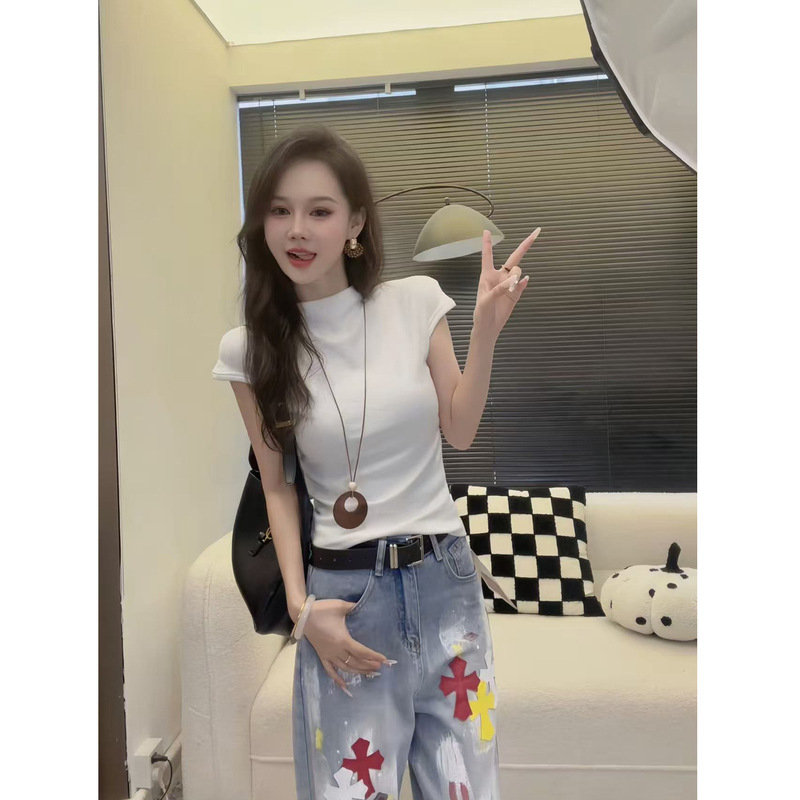 紫色半高领短袖t恤女2025新款气质显瘦小众内搭打底衫飞飞袖上衣|undefined