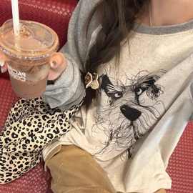 阿秋的店美式狗狗手绘印花插肩袖T恤2025春新款宽松拼接长袖上衣