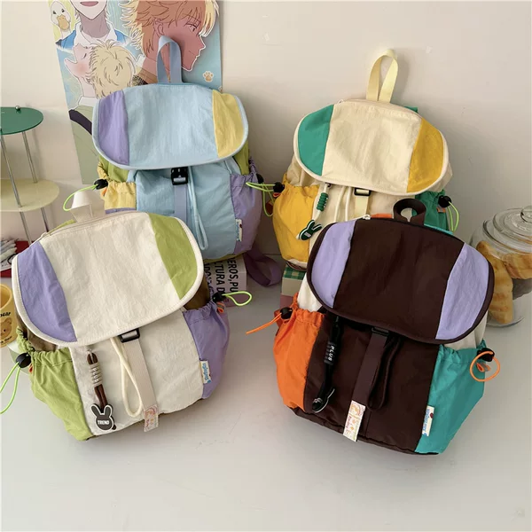 Dopamine color-blocked children's backpack, middle and high school student schoolbag, fashionable Korean-style casual backpack, trendy canvas travel bag