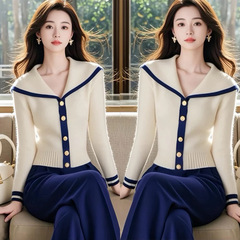 时尚慵懒风白蓝拼色海军领长袖针织开衫女秋冬款百搭裤子两件套