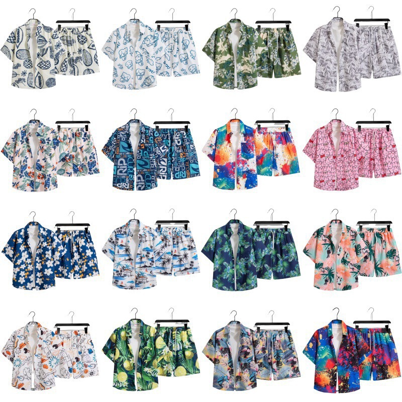 Floral Shirt Short-Sleeved Men's and Women's Suits, Lazy Style Loose Retro Casual Beach Pants Men's Short-Sleeved Shirt Set