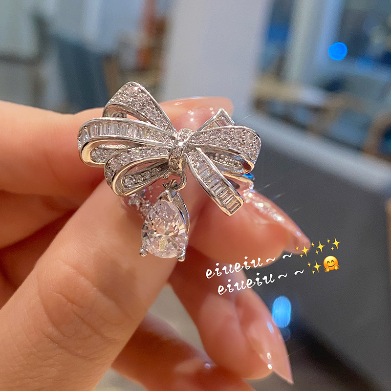 Cute Water Drop Zircon Trend Fashion Bow Fine Open Copper Ring display picture 1