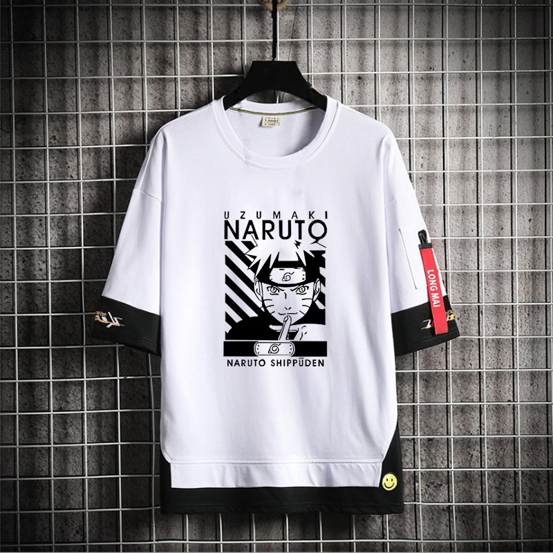 Cross-Border Naruto Short-Sleeve T-Shirt Anime Five-Quarter Sleeve Cotton Base Sweatshirt Loose Trendy Anime Print