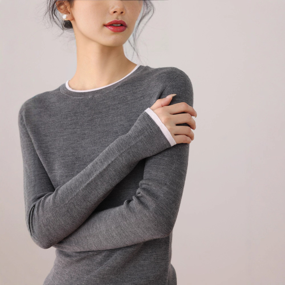超细羊毛撞色拼接打底衫简约圆领长袖针织衫上衣女秋冬新款DH130