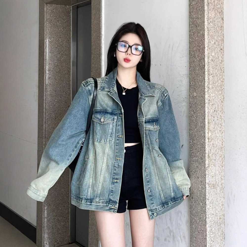 American retro washed denim jacket for women, oversized, new spring and autumn design, boyfriend style, niche workwear top