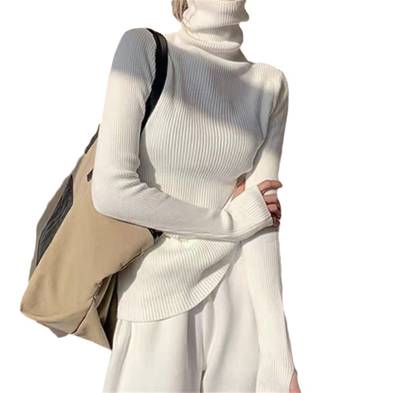 Gestapelde hoge kraag met een strak zittende trui voor dames herfst en winter 2023 Nieuwe westerse top met lange mouwen_voghion.com