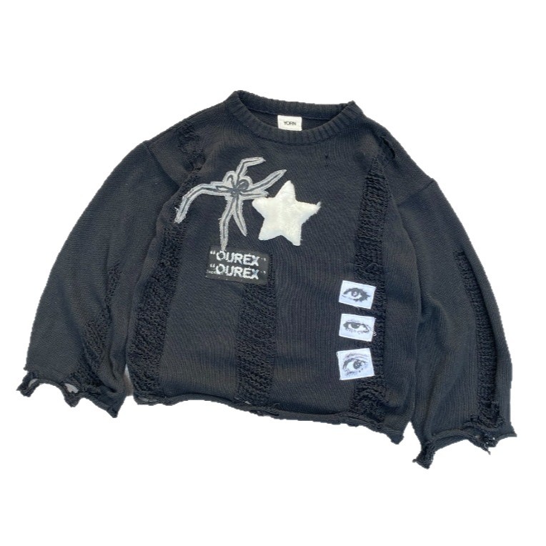 Transfronterizos otoño y invierno estilo americano retro oscuro sensación de diseño araña collage suéter hombre y mujer desgastado chaqueta de punto de moda