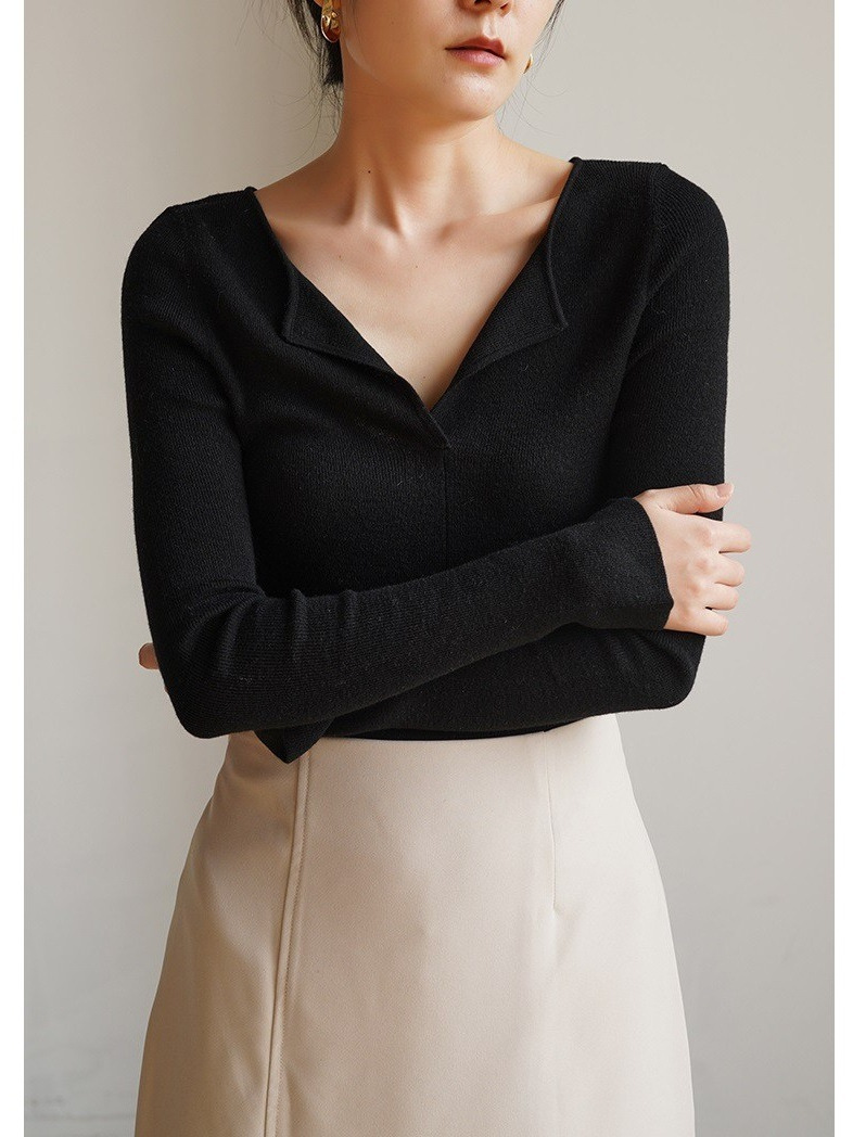 SS STUDIO フレンチスタイルのゆったりとした襟付きカシミヤVネックニットセーター レディース 秋冬用インナーウェア