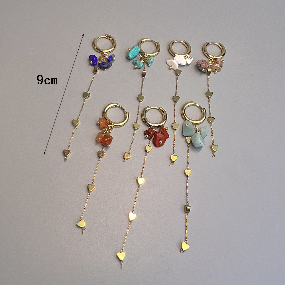 7g Weight 1 Piece Bohemian Tassel Heart Shape Stainless Steel Natural Stone Drop Earrings