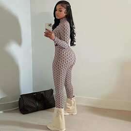 体裤一件健身长袖印花女装时尚代发圆领街头连体外贸裤女长裤欧美