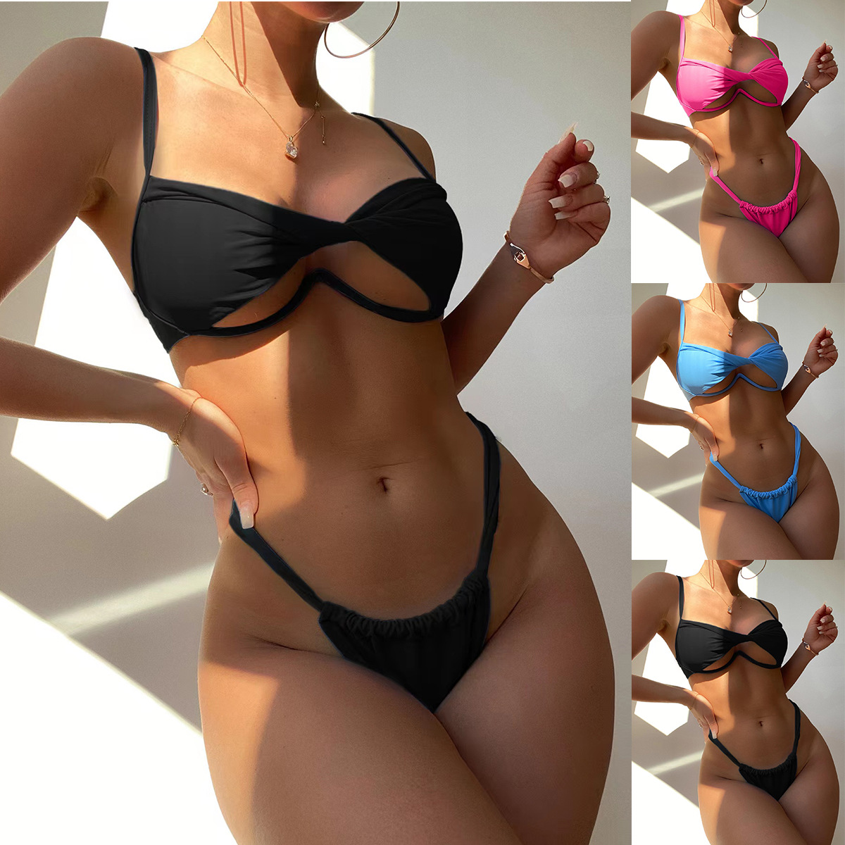 Yi Xi 2023 new foreign trade swimsuit women's nylon solid color twist bag conjoined V drag hollow sexy bikini wholesale